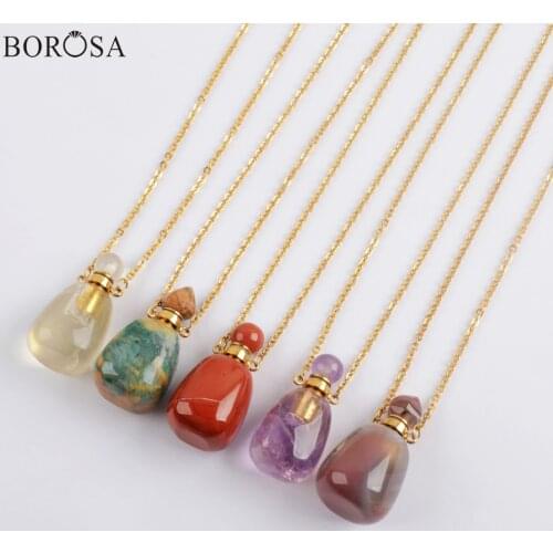 Gold Color Natural Stones Perfume Bottle Necklaces for Women Agates Crystal Gems Essential Oil Diffuser Necklace Charms WX1611