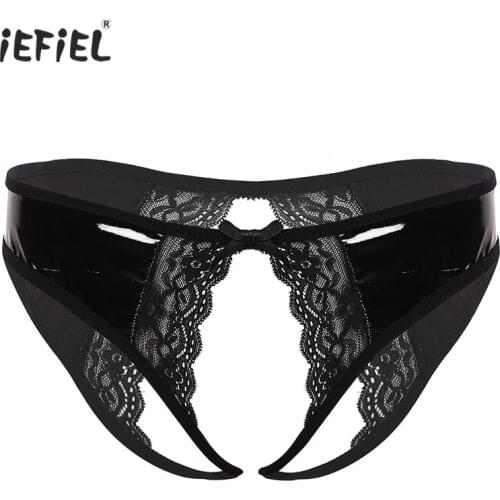 Women Sexy Lingerie Hot Erotic Sexy Panties Open Crotch Latex Underwear Low Rise Crotchless Underpants Sex Briefs with Bow