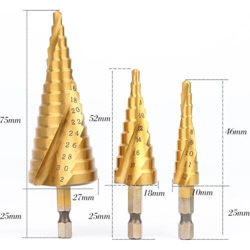 HOEN 3pcs 1/4" Hex Shank Step HSS 4241 HSS spiral flute step Drill Bit Set core drill bit cone Step Drill Bit Set hole cutter