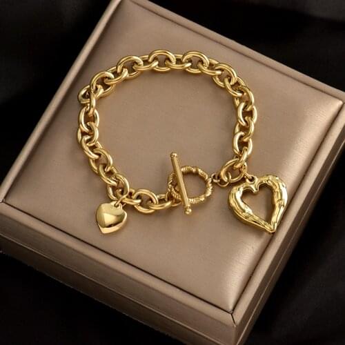 Colorfast 316L Stainless Steel Punk Chain Bracelet Angel Wings Heart Shaped With Happy Face Pendant Romantic Love Gift For Lady