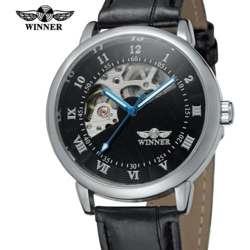 WINNER watch Casual fashion classic black Roman numerals spell Arabic numerals mix leather strap mens mechanical watch