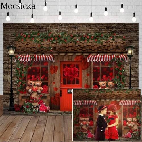 Mocsicka Valentines Day Rose Flower Shop Photography Background Toy Bear Brick Wall Romantic Art Photo Backdrop Props Studio