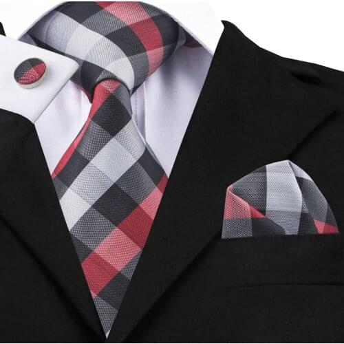Hi-Tie Fashion Silk Ties Set for Men Classic Plaid Tie and Handkerchief Cufflinks Set Mens Necktie Gravatas Formal Tie C-938
