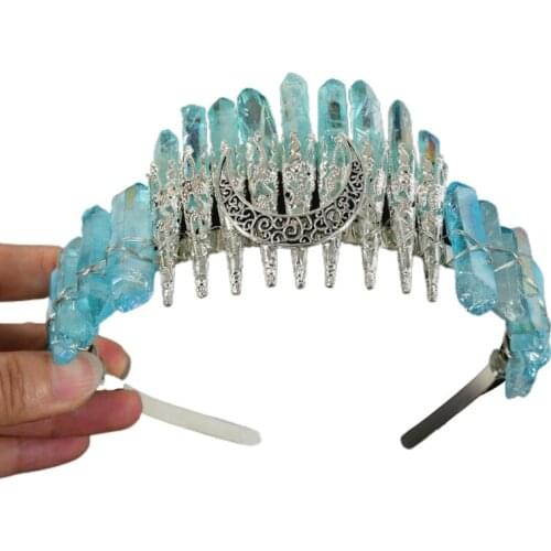 L93F Raw Crystal Crowns Shiny Hair Hoop with Moon Quartz Tiara Elegant Hairwear Queen Crown Hair Accessories for Wedding