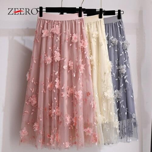 Summer Women Midi Net Yarn Skirt Korean Casual Sweet Female Double Layer Embroidery Pleated Big Swing Lace Skirts Plus Size 4XL