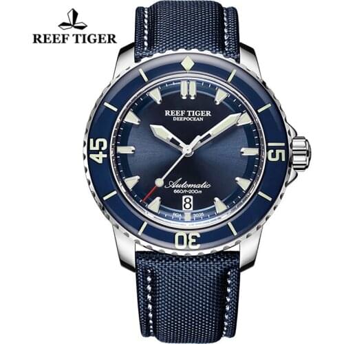 Reef Tiger/RT Super Luminous Dive Mens Watch Blue Dial Analog Automatic Mechanical Men Watches Nylon Strap Waterproof 200M Clock