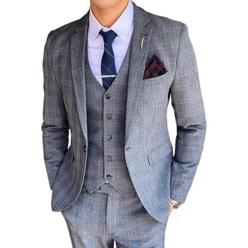 Autumn Spring Mens Three Piece Suit Jacket Trousers Vest Set / Male Slim Fit High Quality Luxury Banquet Blazer Coat Pants