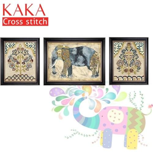 KAKA Cross stitch kits,5D Triplets Elephant Animals,Embroidery needlework sets with printed pattern,11CT canvas,Home Decor Paint