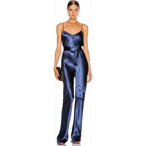 New Women Dark Blue Spaghetti Strap Fashion Jumpsuit Sexy 2020 V Neck Backless Summer Club Verano Good Quality Wholesale