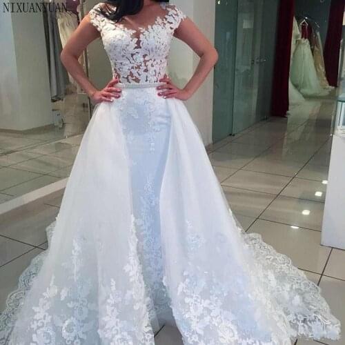 Mermaid Wedding Dresses V Neck Overskirt Capped Sleeves Bridal Gowns Appliques Sweep Train Wedding Gowns