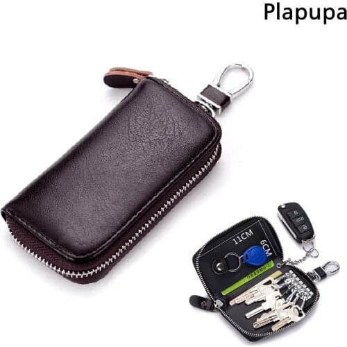 Genuine Leather Rectangle Key Housekeeper Wallet Golden Metal Hook Small Card Key Bag Pocket Custom name logo