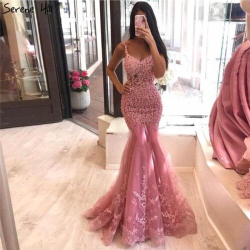 Pink Sexy Mermaid Tulle Evening Dresses 2021 Sleeveless Handmade Flowers Beading Formal Dress Long Serene Hill LA70380
