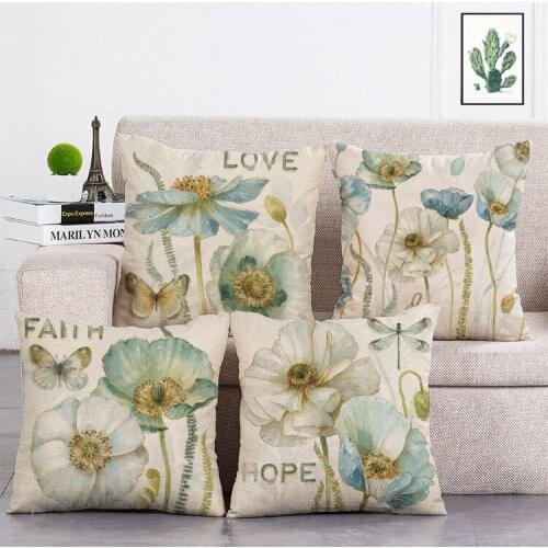 Blue and white flower butterfly Printed Cushion Cover Linen Throw Pillow Car Home Decoration Decorative Pillowcase T485