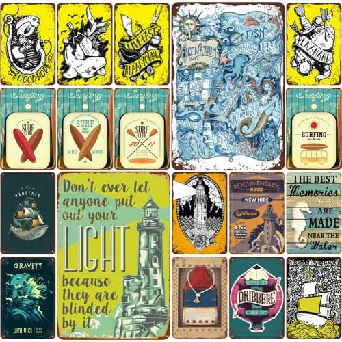 Lighthouse & Mermaids Fish Vintage Metal Tin Sign Sea Ocean Surf Club Surfing for Beach Sign Surf Decoration Bar Tin Billboard