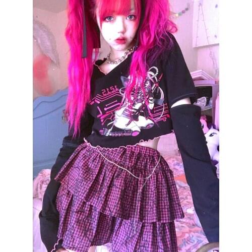 Japanese Design Red Wine plaid Skirt Hot Girl Punk Sweet Lolita Cake Mini Skirt 2020 Women Summer Jupe