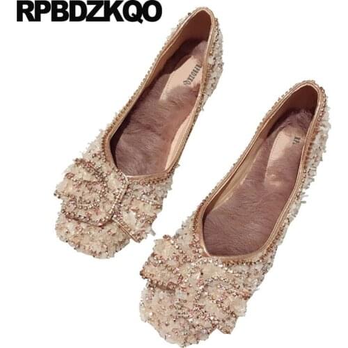 Ladies bling crystal diamond black pink dress flats women bow autumn spring sequins single shoes rhinestone glitter square toe
