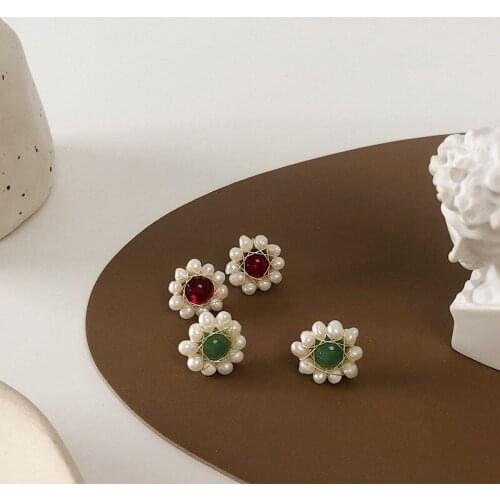 TIMEONLY Elegant Red Green Color Crystal Imitation Pearl Stud Earring for Women Lady Retro Earring French Simple Jewellery