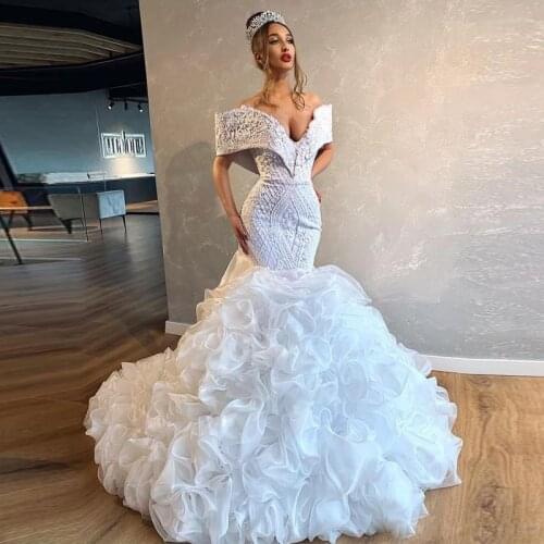 Vintage Mermaid Wedding Dresses vestidos de novia Plus Size Lace Off Shoulder Cascading Ruffles Bridal Gowns Custom Made