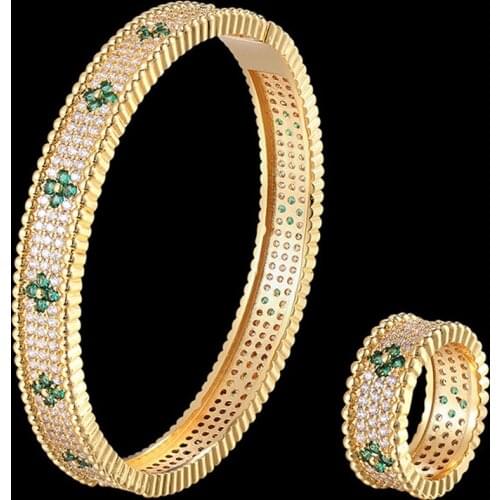 Zlxgirl jewlery three line mirco paved Zircon Bracelets & Bangles ring Gold Copper wedding Bangle Bracelet ring bijoux sets
