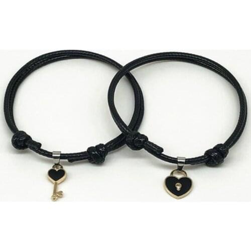 Good Friend Series Heart Lock Pendant Wax Wire Braided Bracelet 1 Pair Simple Adjustable Couple College Style All-Match Gift