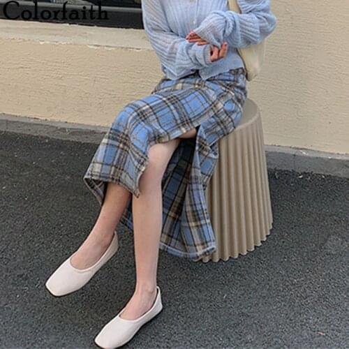 Colorfaith New 2021 Spring Autumn Women Straight Plaid Preppy Fashion Checkered Vintage Woolen Split Wild Long Skirts SK9139