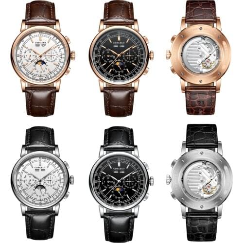 Corgeut Luxury Brand Mens Watch Moon Phase Multifunction Year Day Week Leather Sport Automatic Male Clock Relogio Masculino