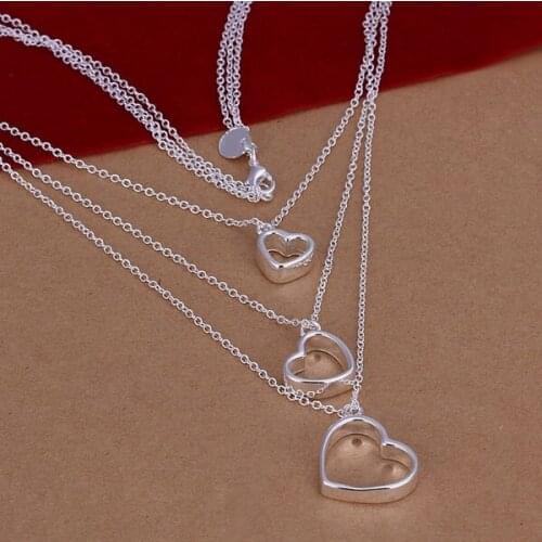 Hot Sale!!Free Shipping jewelry silver plated Necklace,Fashion Silver plated Jewelry Three-Wire and Hearts Necklace SMTN038
