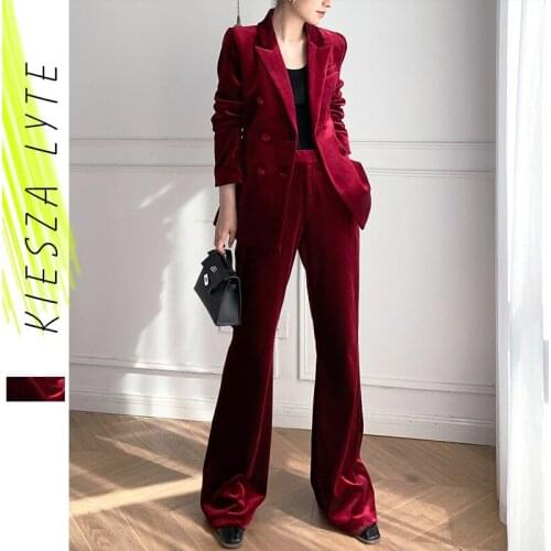 Red Velvet Blazer Sets Suit Two Pieces for Office Lady Runway Fashion Slim Wide Leg Pants Sets 2021 spring Womens clothes