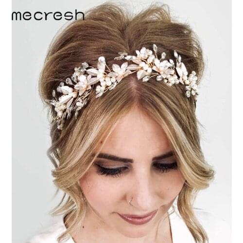 Mecresh Simulated Pearl Handmade Gold Color Bridal Hair Pins Crystal Flower Wedding Hair Accessories Headband Ornaments MTS111