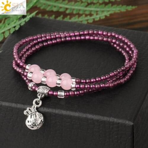 CSJA Multilayer Natural Stone Bracelet Protection 3mm Garnet Lucky Bag Charm Bracelets Grenat for Women Girl Amulet Jewelry G558
