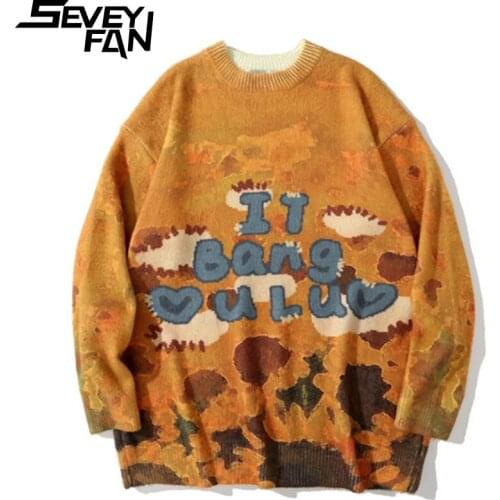 SEVEYFAN Mens Fashion Letters Printed Cashmere Sweater Tie Dye Loose O Neck Knitwear Hip Hop Pullover Sweaters for Couples