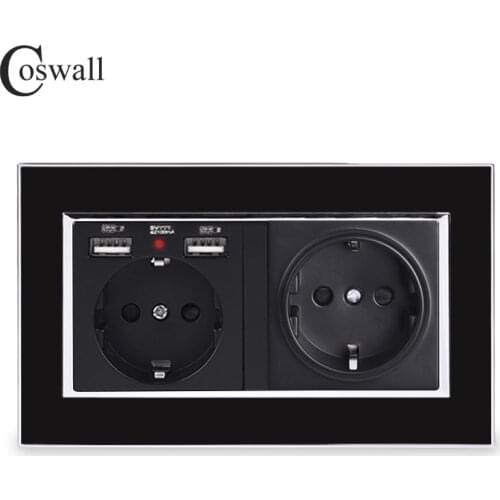 COSWALL Brand Double Russia Spain EU Standard Wall Socket With 2 USB Charge Port Hidden Soft LED Indicator Black Acrylic Frame