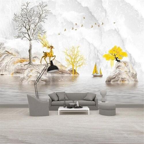 Milofi custom wallpaper mural modern fashion light luxury stone to run fortune tree elk marbled landscape background wall