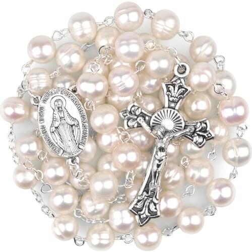 Natural Freshwater Pearl 8mm Beads Catholic Virgin Mary Rosaries Women Chain Rosary
