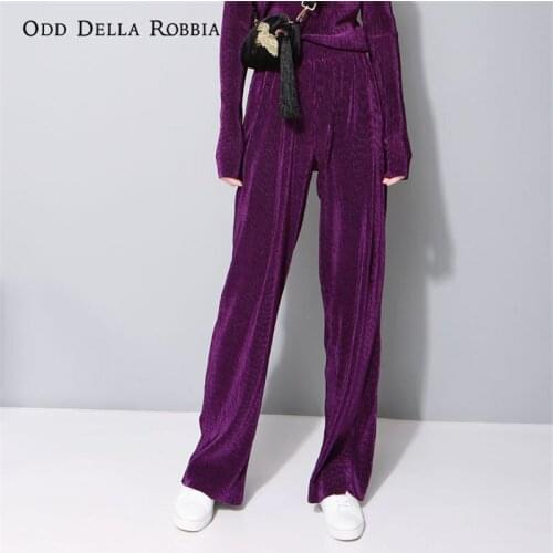 OddDellaRobbia Women Retro Fashion Streetwear Solid Color Velvet Press Fold Sweatpants Wide Leg Pants Elasticated Trousers 349