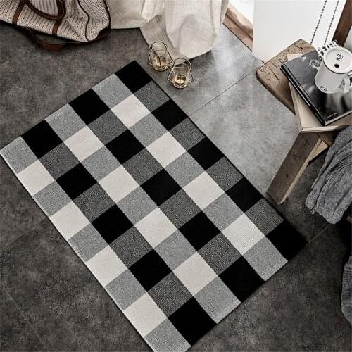 White And Black Plaid Woven Cotton Carpet Handmade Knit Rug Mat Bedroom Mechanical Wash Rug Nordic Decor Carpet