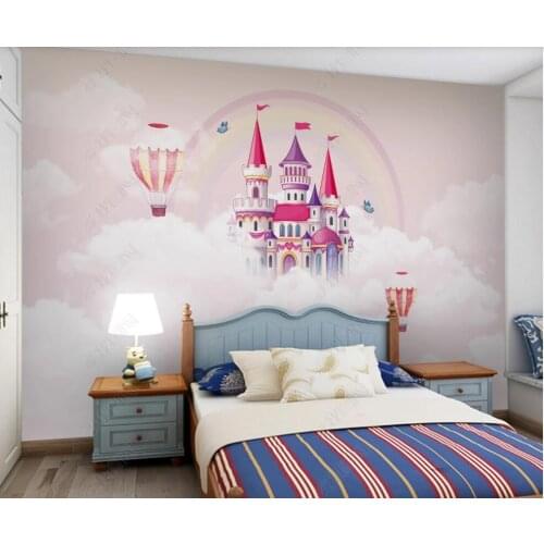 Custom mural 3d photo wallpaper Cartoon hand drawn pink hot air balloon castle childrens room home decor wallpaper for wall 3 d