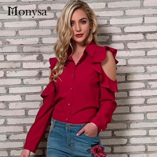 Cold Shoulder Tops Women 2018 Autumn New Arrivals Fashion Ruffle Long Sleeeve Shirts Ladies Casual Chiffon Blouses Red White