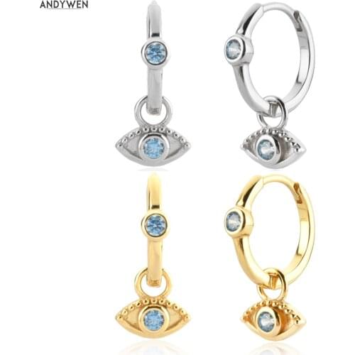 ANDYWEN 925 Sterling Silver Gold Eye Zircon 9mm Drop Earring Piercing Pendiente Luxury Jewelry Gift Rock Punk Wedding Jewels