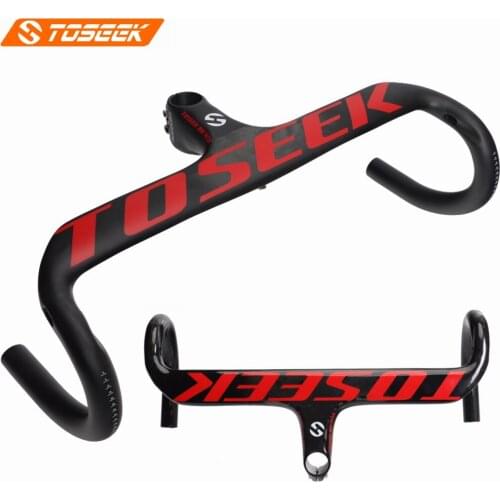 TOSEEK Full UD Carbon Road Bike Handlebar Integrated Bicycle Handlebar Stem Bent Bar 400/420/440mm Matte Gloss Red Logo 325g
