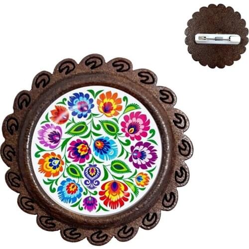Ethnic Polish Folk Art Pattern Glass Brooches Bohemia Fashion Flower Print Round Wood Collar Pins Jewelry For Women Men Gift