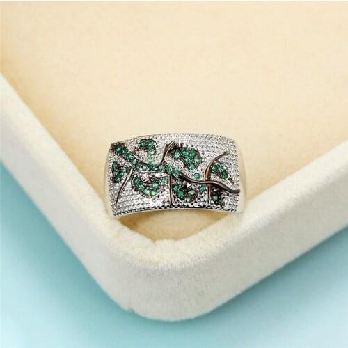 Vintage Female Green Crystal Stone Ring Luxury Silver Color Big Wedding Ring Cute Bridal Branches Engagement Rings For Women
