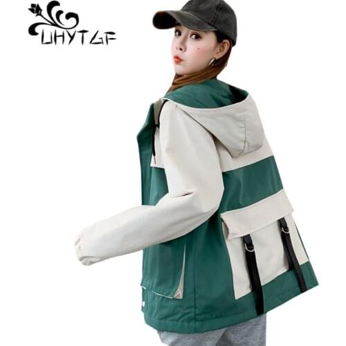 UHYTGF Jacket women fashion color matching student spring autumn coat Korean loose plus size jacket hooded casual short coat 900