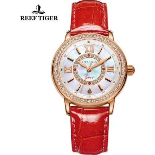 Reef Tiger/RT 2021 Luxury Brand Casual Women Watches Red Leather Strap Waterproof Quartz Watch Clock Gift for Wife