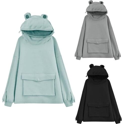 Women Cute Frog Eyes Hoodies Solid Color Long Sleeve Oversized Baggy Sweatshirt Harajuku Large Pocket Pullover Tunic Top