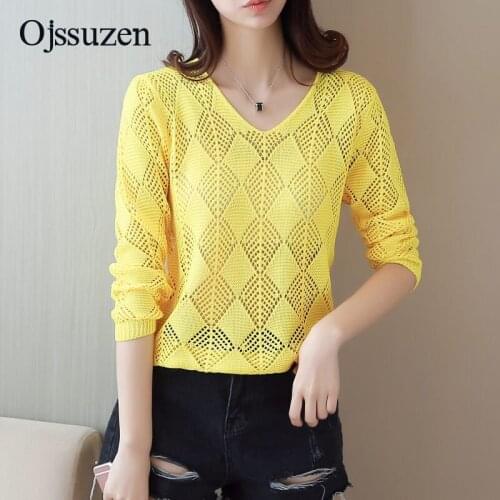 Woman Sweaters Black V Neck Tops Yellow Womens Pullovers Hollow Out Loose White Thin Ladys Sweater Knitted Sueter Mujer
