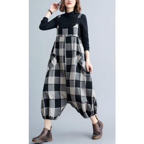 Women Spring Fashion Cotton Linen Jumpsuits For Woman Strap Suspenders Pockets Loose Harem Pants Check Plaid Rompers Overalls