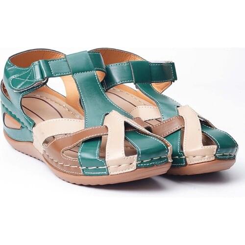 Plus Size Vintage Round Closed Toe Wedge Sandals Anti-Slip Casual Summer Beach Outdoor Travel Flat Shoes for Women
