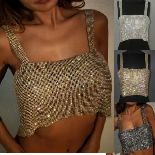 Women Nightclub Sparkly Rhinestone Party Tank Summer Beach Crystal Metallic Mesh Bustier Halter Draped Bra Crop Top Camisoles