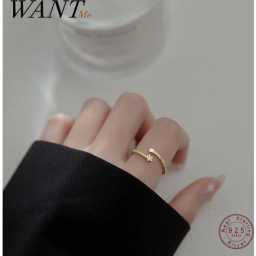 WANTME 925 Sterling Silver Luxury Crystal Zircon Star Open Finger Ring for Women Simple Trendy Exquisite Party Statement Jewelry